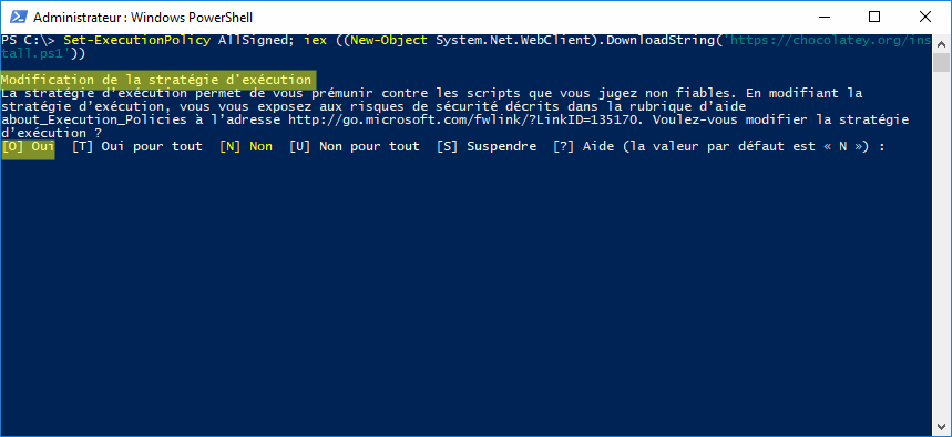 Installation de Chocolatey par PowerShell Win10 - demande modification de stratégie